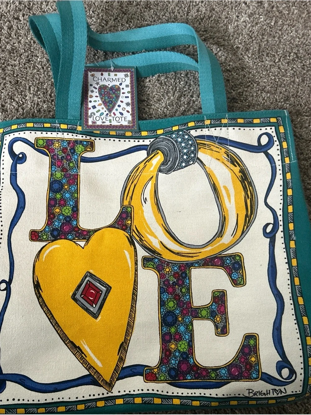 New Brighton Teal Canvas LOVE Heart Tote with Yellow Accent